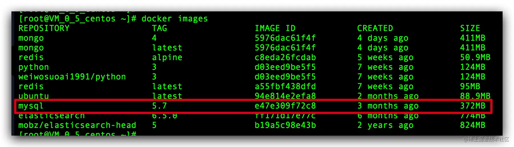 验证本地是否下载好Mysql 5.7镜像