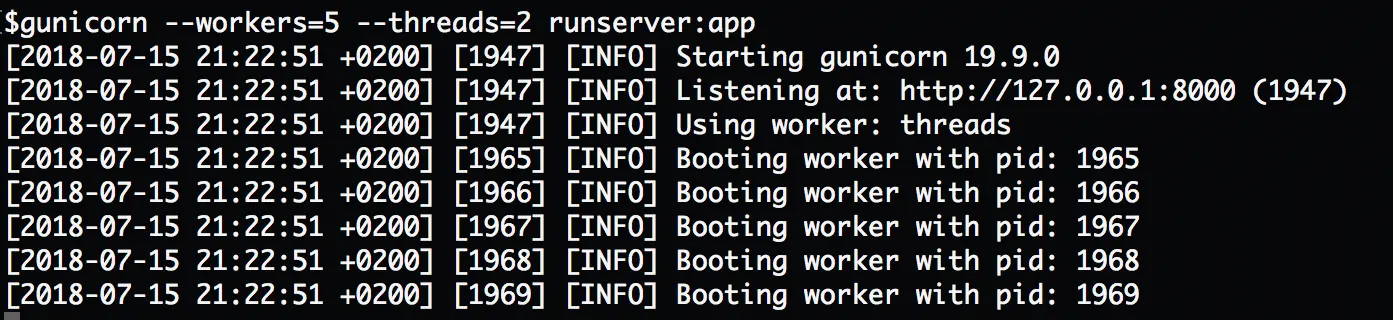 Gunicorn 的多线程模式就是使用了 worker 的 gthread 类。请注意图片中的第四行 “Using worker: threads”。