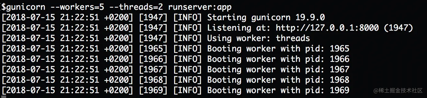 Gunicorn 的多线程模式就是使用了 worker 的 gthread 类。请注意图片中的第四行 “Using worker: threads”。