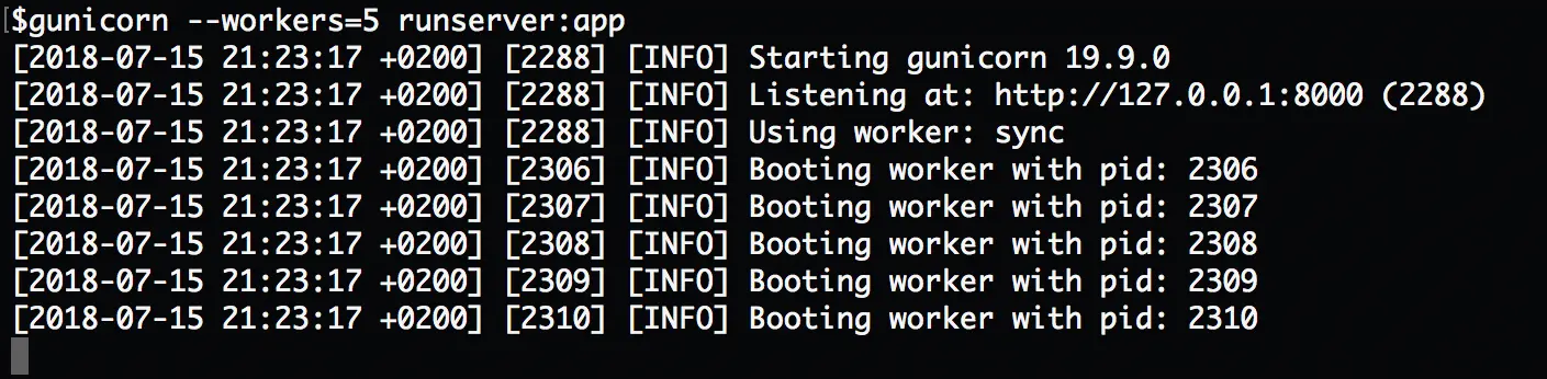 Gunicorn 使用默认的 worker 模式（同步模式）。注意看这个图片的第四行：“Using worker: sync”.