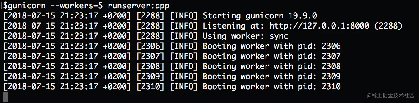 Gunicorn 使用默认的 worker 模式（同步模式）。注意看这个图片的第四行：“Using worker: sync”.