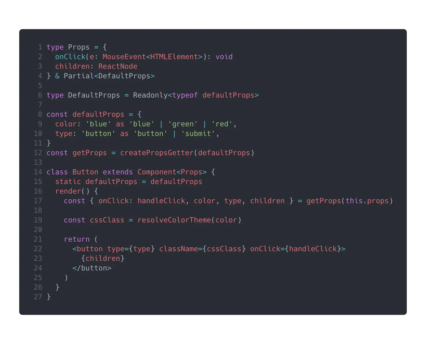 Button component with properly typed defaultProps and implementation props