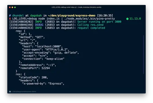 Screenshot of pretty printed pino logs