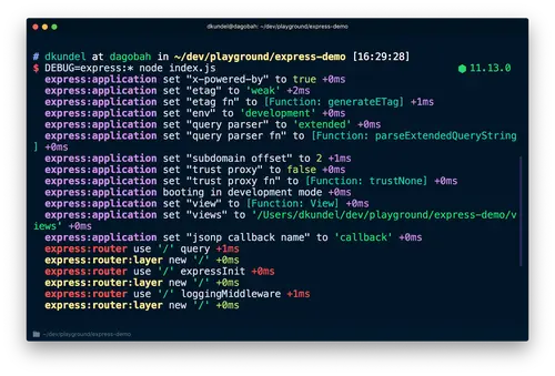 Screenshot of express debug logs