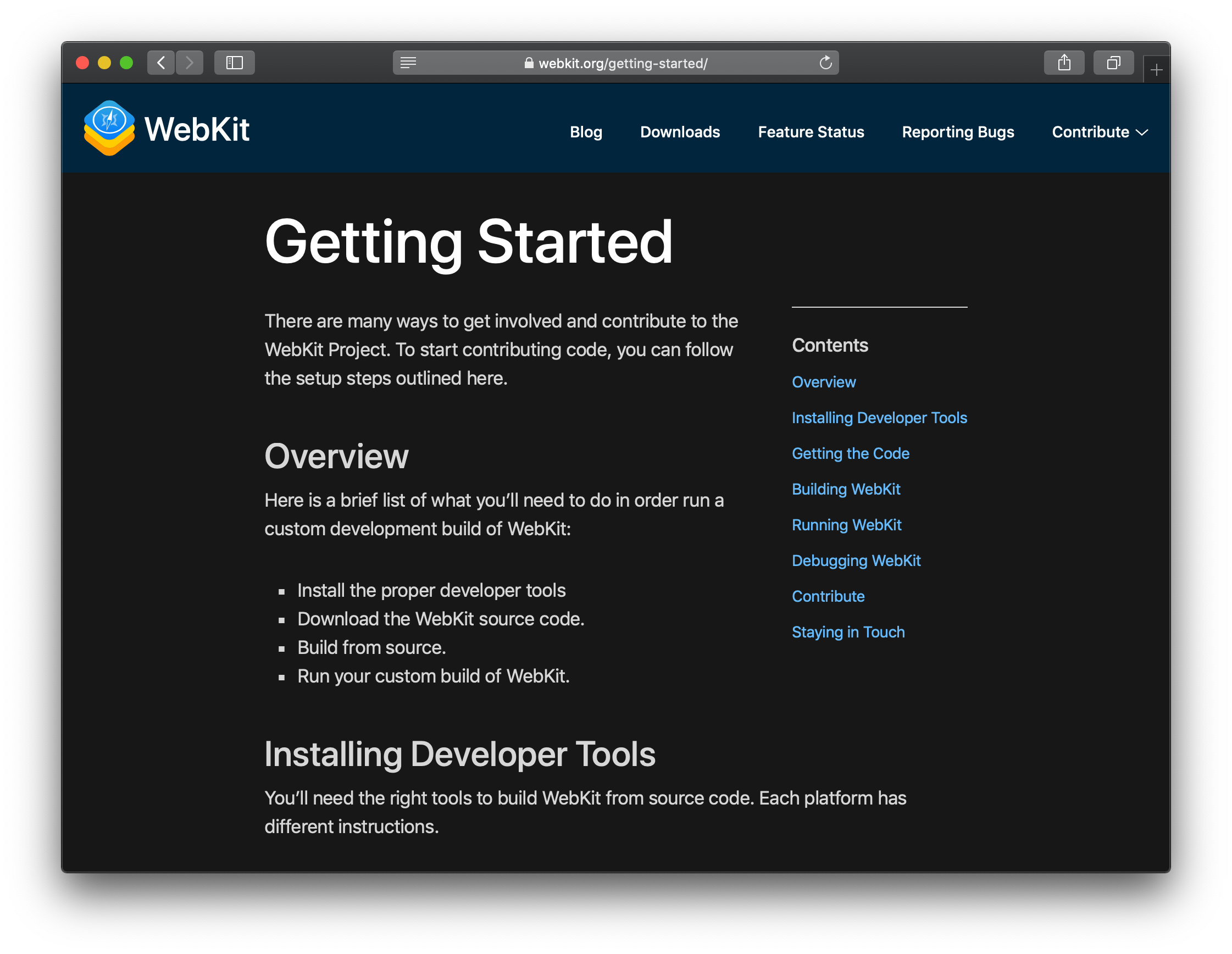 WebKit.org Getting Started page shown in dark mode