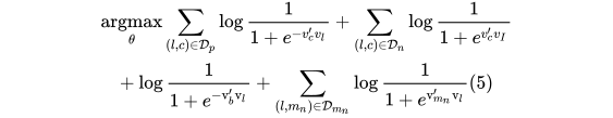 \underset{\theta}{\operatorname{argmax}} \sum_{(l, c) \in \mathcal{D}_{p}} \log \frac{1}{1+e^{-v_{c}^{\prime} v_{l}}}+\sum_{(l, c) \in \mathcal{D}_{n}} \log \frac{1}{1+e^{v_{c}^{\prime} v_{I}}}\\+\log \frac{1}{1+e^{-\mathrm{v}_{b}^{\prime} \mathrm{v}_{l}}}+\sum_{\left(l, m_{n}\right) \in \mathcal{D}_{m_{n}}} \log \frac{1}{1+e^{\mathrm{v}_{m_{n}}^{\prime} \mathrm{v}_{l}}}(5)