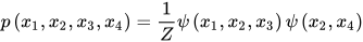 p\left(x_{1}, x_{2}, x_{3}, x_{4}\right)=\frac{1}{Z} \psi\left(x_{1}, x_{2}, x_{3}\right) \psi\left(x_{2}, x_{4}\right)