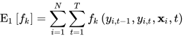 \mathrm{E}_{1}\left[f_{k}\right]=\sum_{i=1}^{N} \sum_{t=1}^{T} f_{k}\left(y_{i, t-1}, y_{i, t}, \mathbf{x}_{i}, t\right)