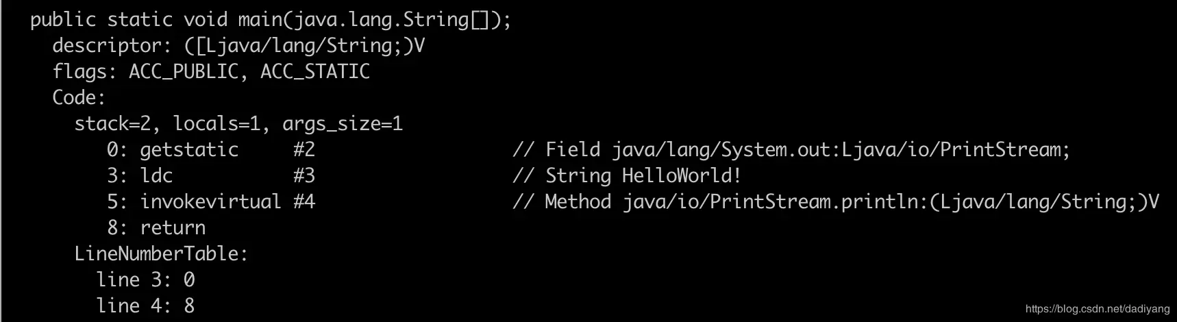 HelloWorld没有调试信息的字节码