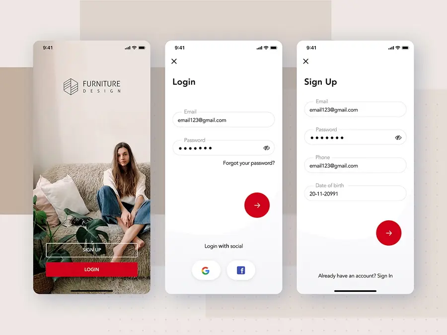 Login, Signup screens for Furniture App