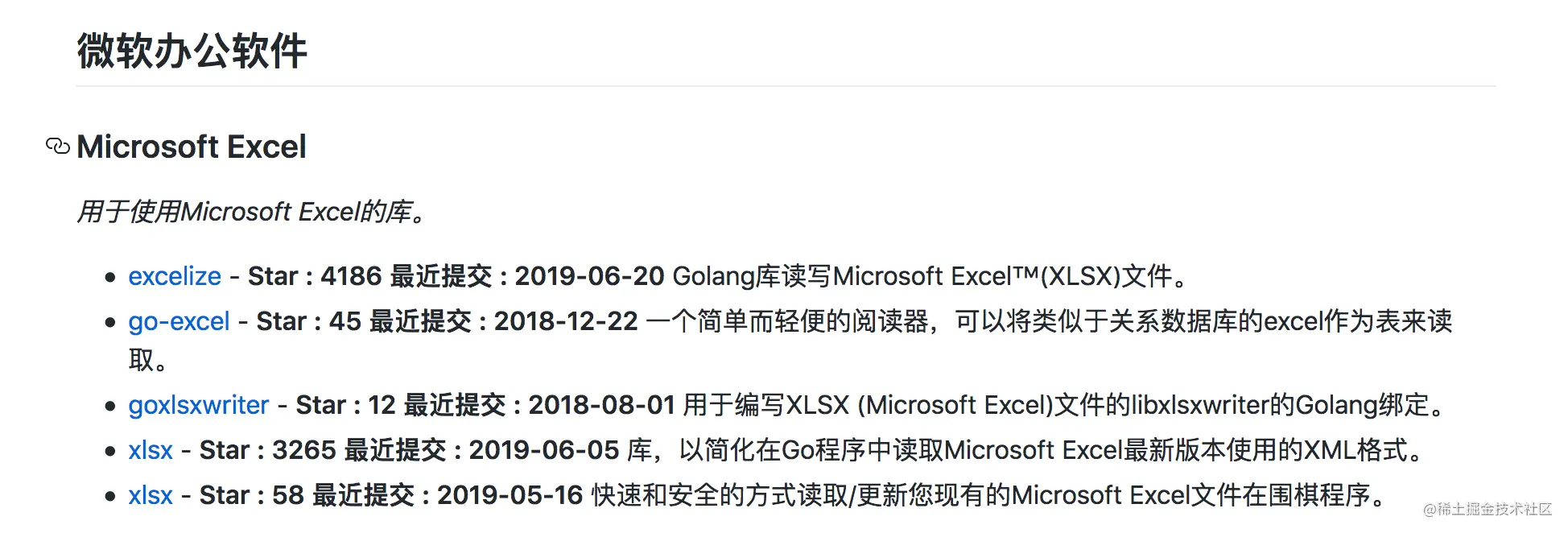 Awesome-go微软办公软件翻译部分，包含了项目的star/最近更新时间