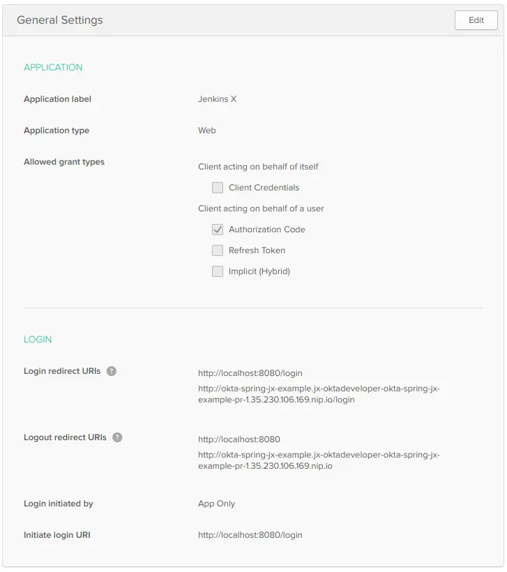 Okta app with URI settings