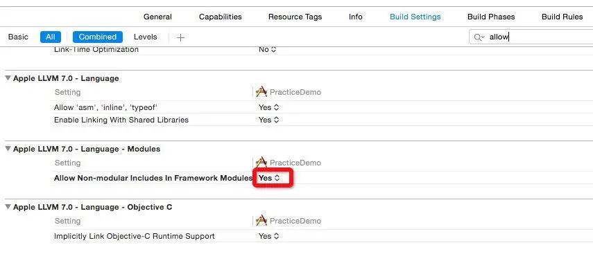 设置【Allow Non-modular Includes ....】.png