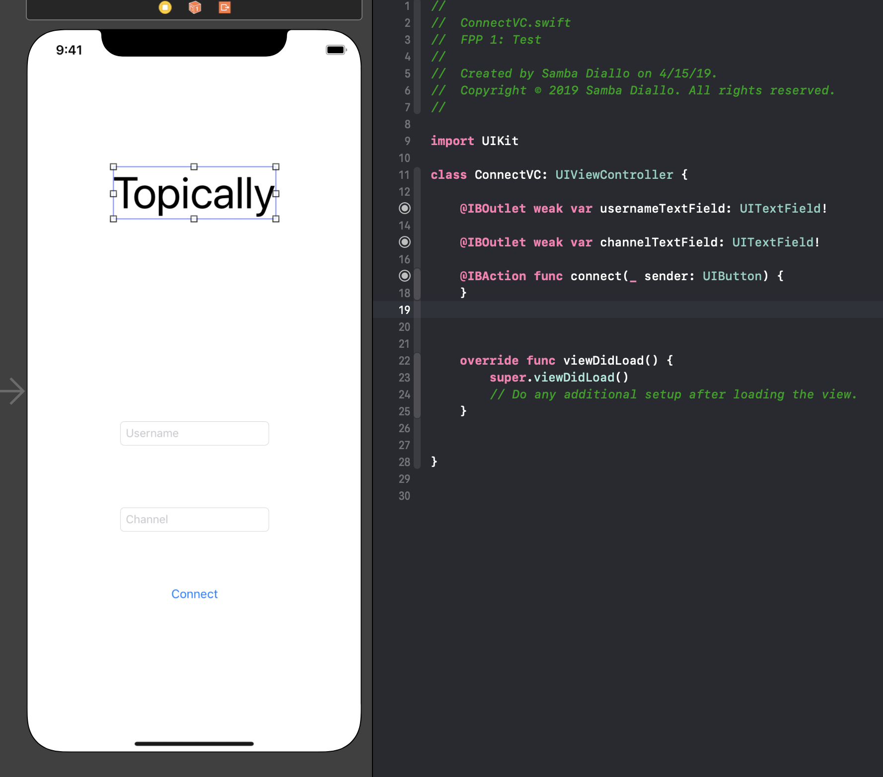 使用 PubNub 的聊天应用程序的 Xcode Swift storyboard 截图