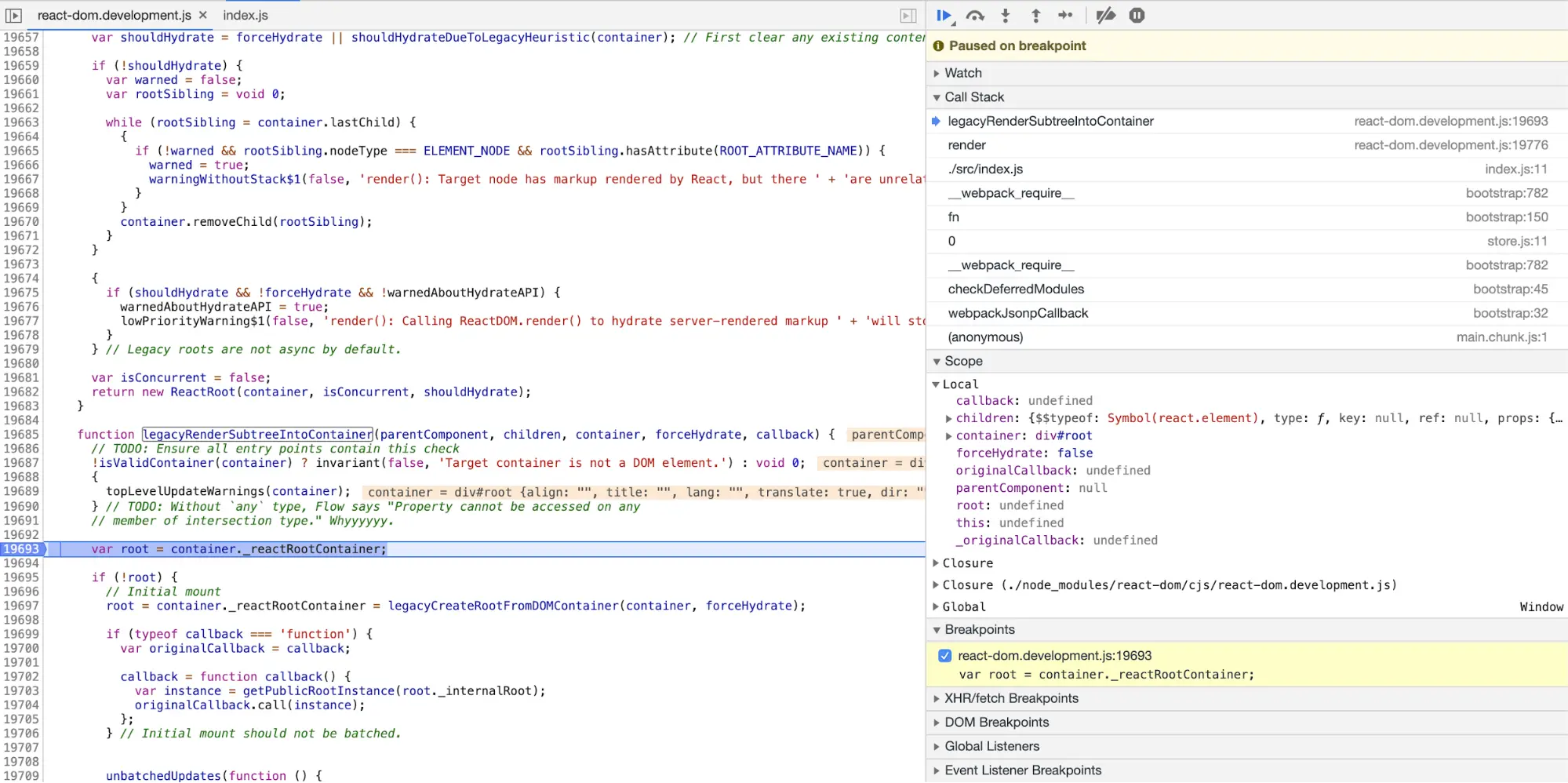 ReactDOM.render function 的源代码