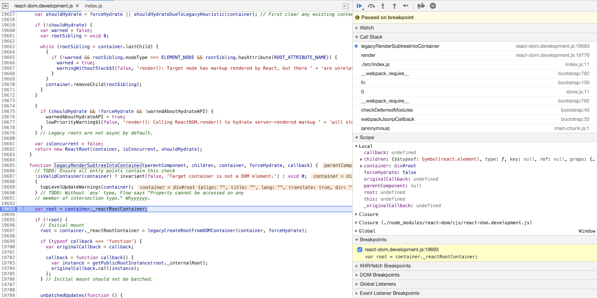 ReactDOM.render function 的源代码