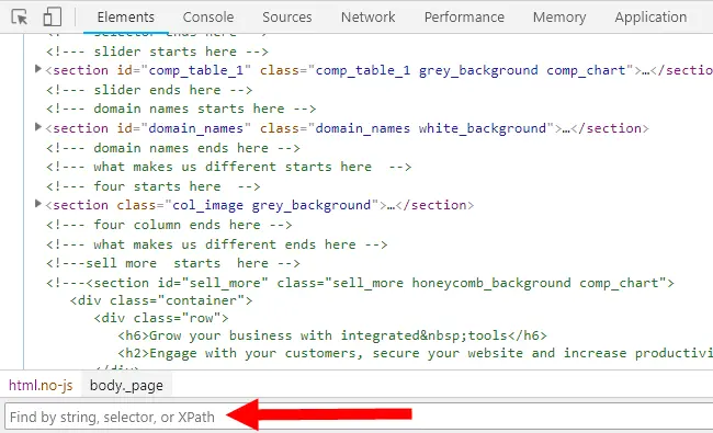 在 Elements 面板使用 CSS 选择器寻找元素的截图