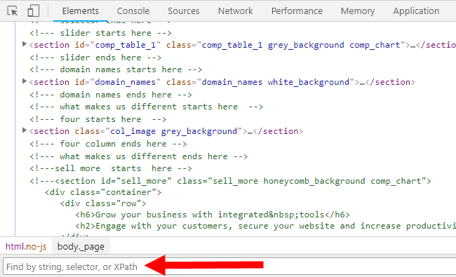 在 Elements 面板使用 CSS 选择器寻找元素的截图