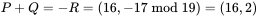 P + Q = -R = (16, -17 \bmod 19) = (16, 2)
