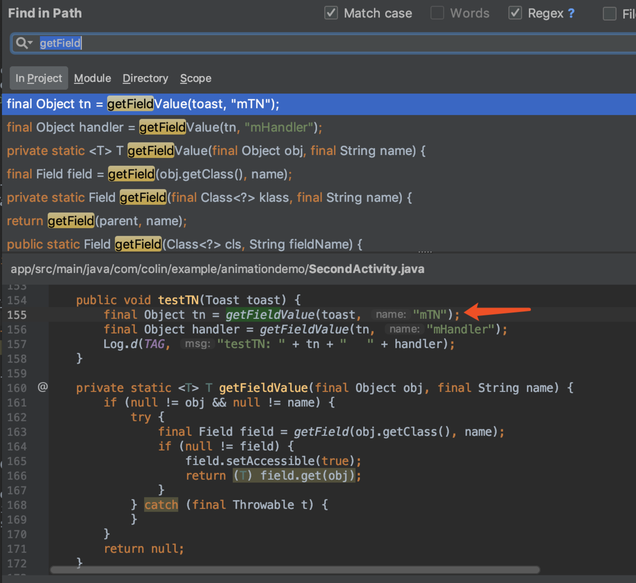 全局搜索getField，发现项目通过反射获取了Toast类中的mTN成员变量