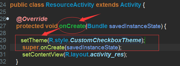 Java 代码中设置Theme的方法，注意一定要在onCreate 方法之前