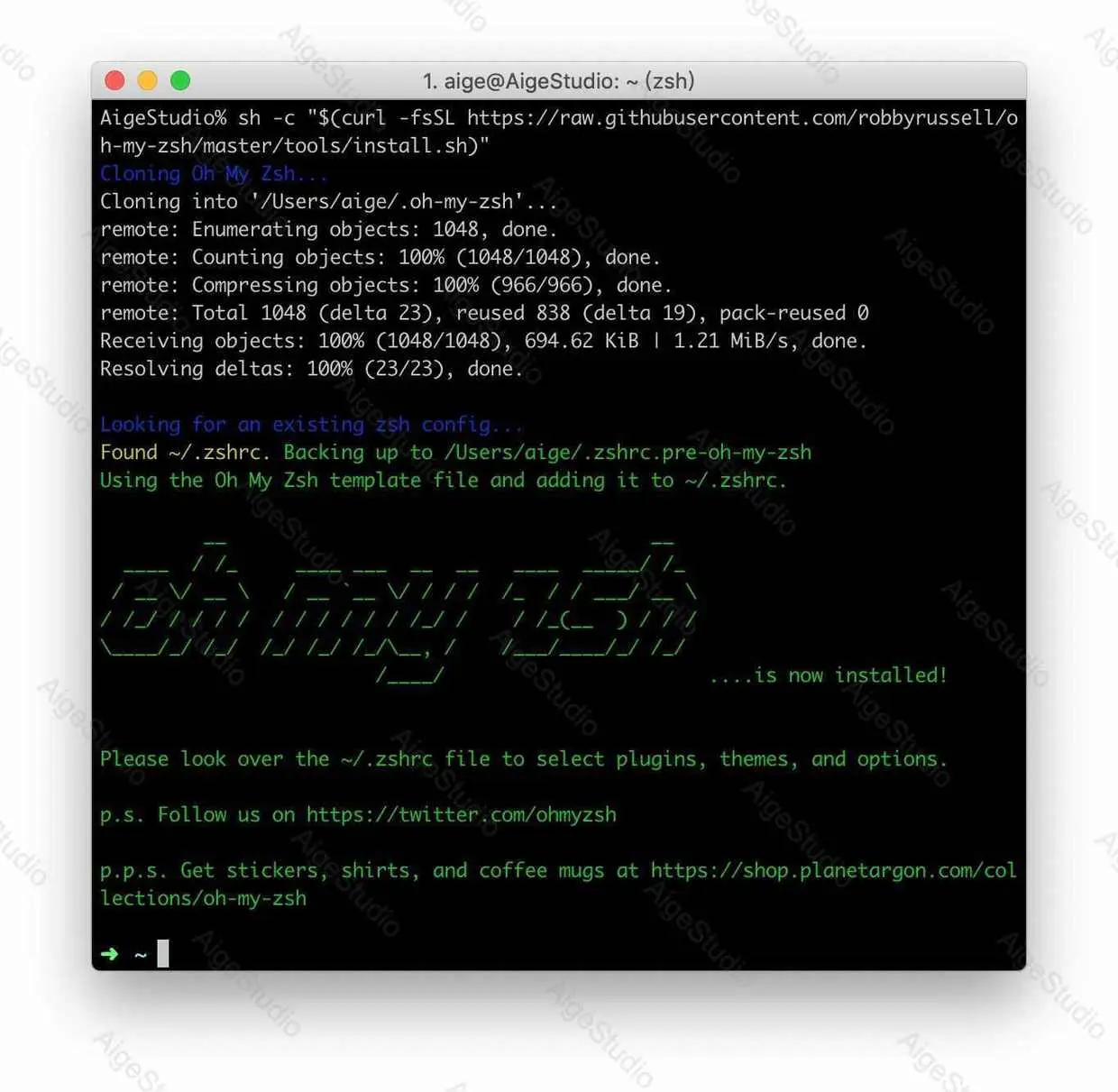 安装 oh-my-zsh 成功 —— From AigeStudio