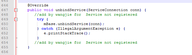 在ContextWrapper的 unbindService 方法中try-catch IllegalArgumentException