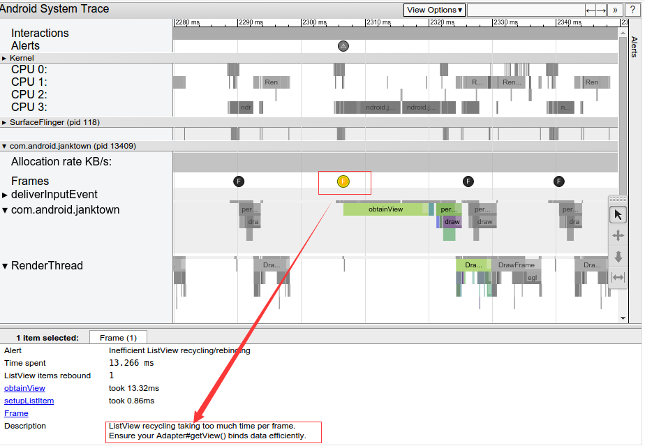 点击黄色或红色帧按钮，会分析提示此帧卡顿的信息