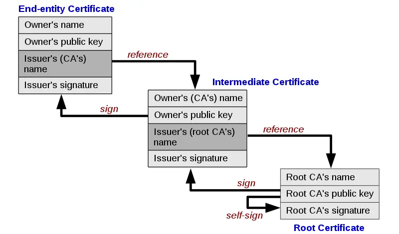 The roles of root certificate, intermediate certificate and end-entity certificate as in the chain of trust.