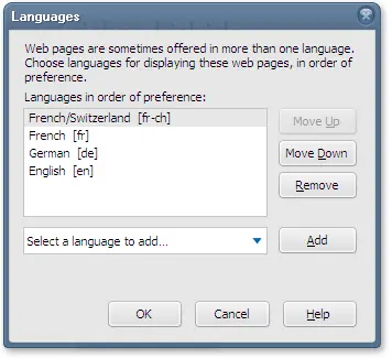 A screen-grab of the Firefox dialog box for changing Language Preferences.