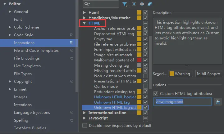 unkown html tag attribute：添加“view,image,text....”等微信小程序标签。