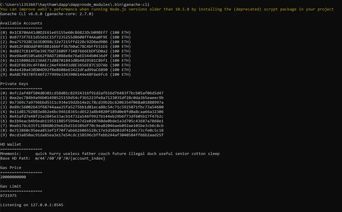 ganache-cli启动后输出如下