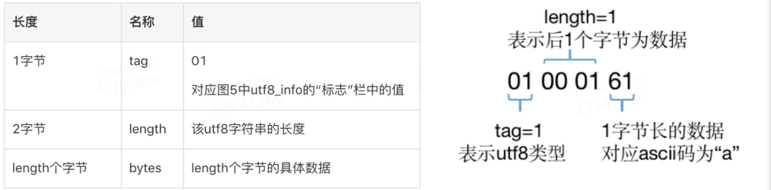 图7 CONSTANT_utf8_info的结构(左)及示例(右)