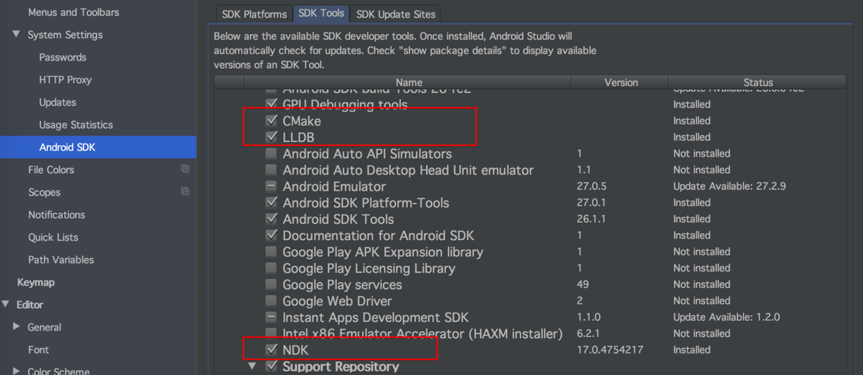 下载NDK、CMake和LLDB