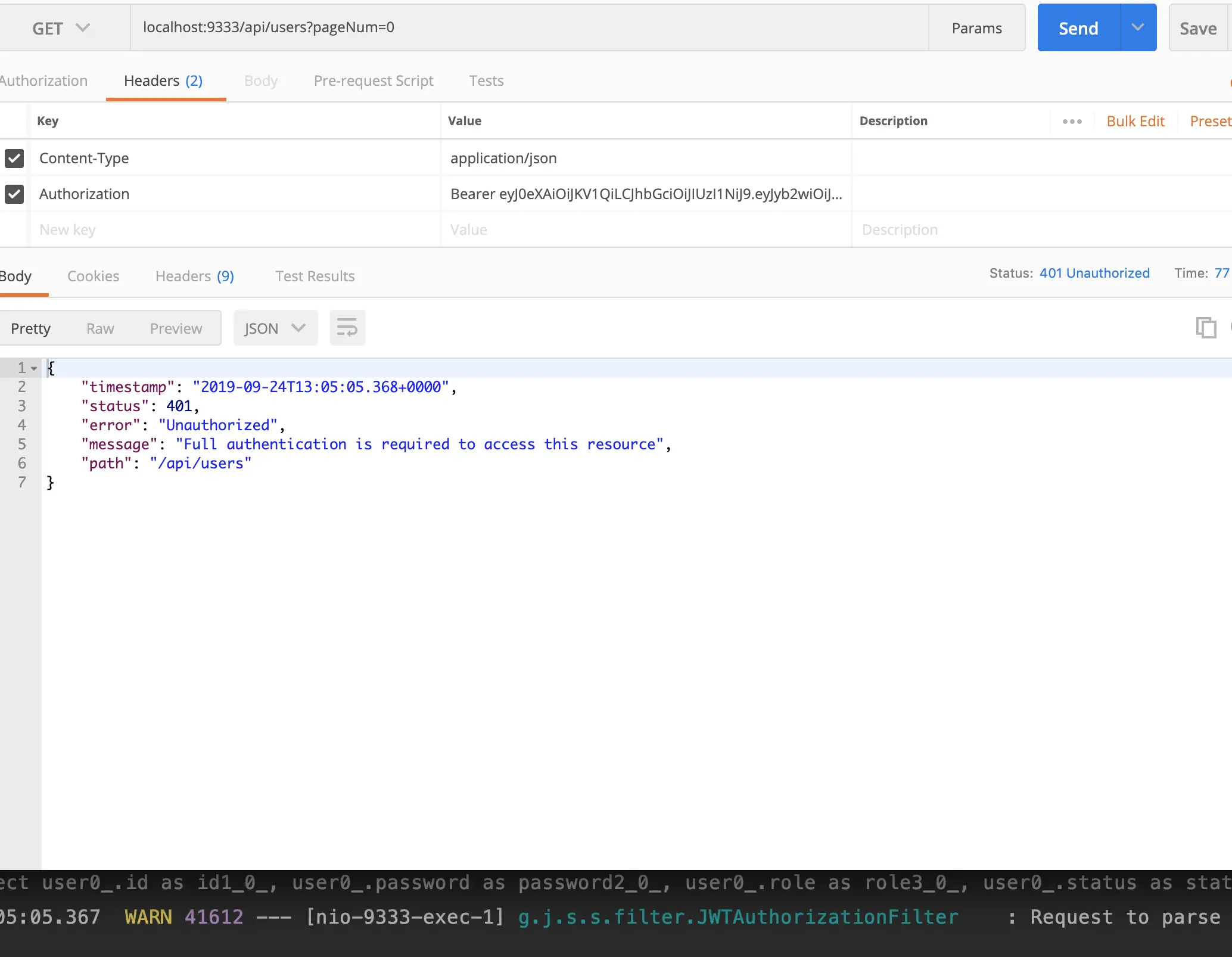 Access resources that require authentication  with not correct token