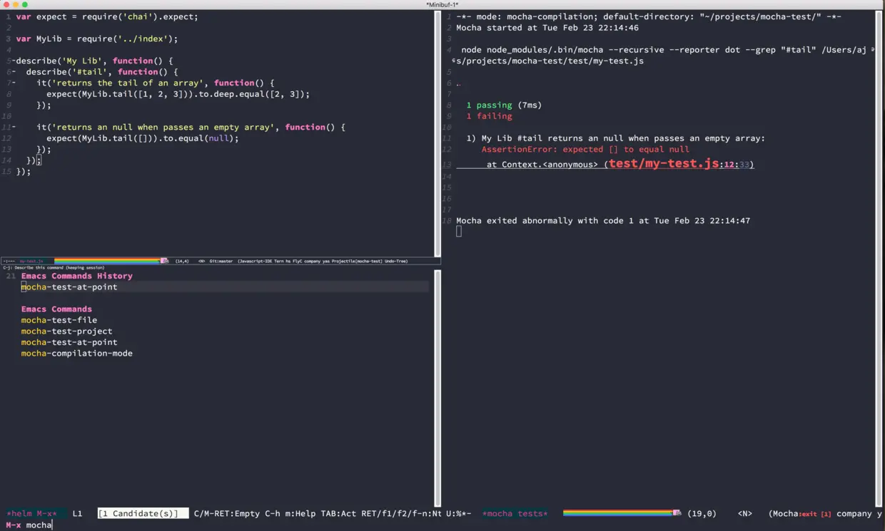 运行中的Emacs Mocha Runner