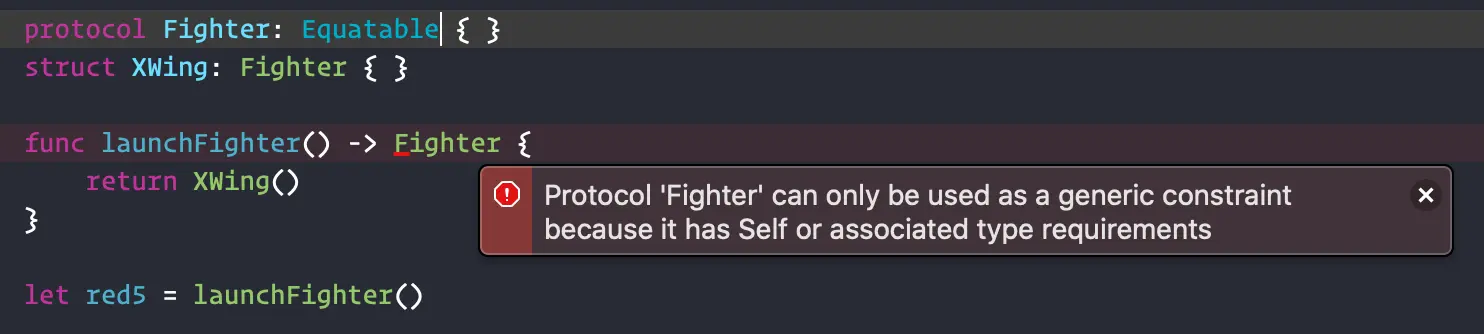 “Protocol 'Fighter' can only be used as a generic constraint because it has Self or associated type requirements.”