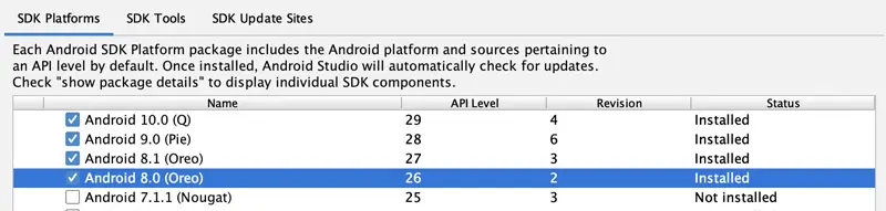 Android Studio 安装的SDK版本为 Android 9.0 Pie