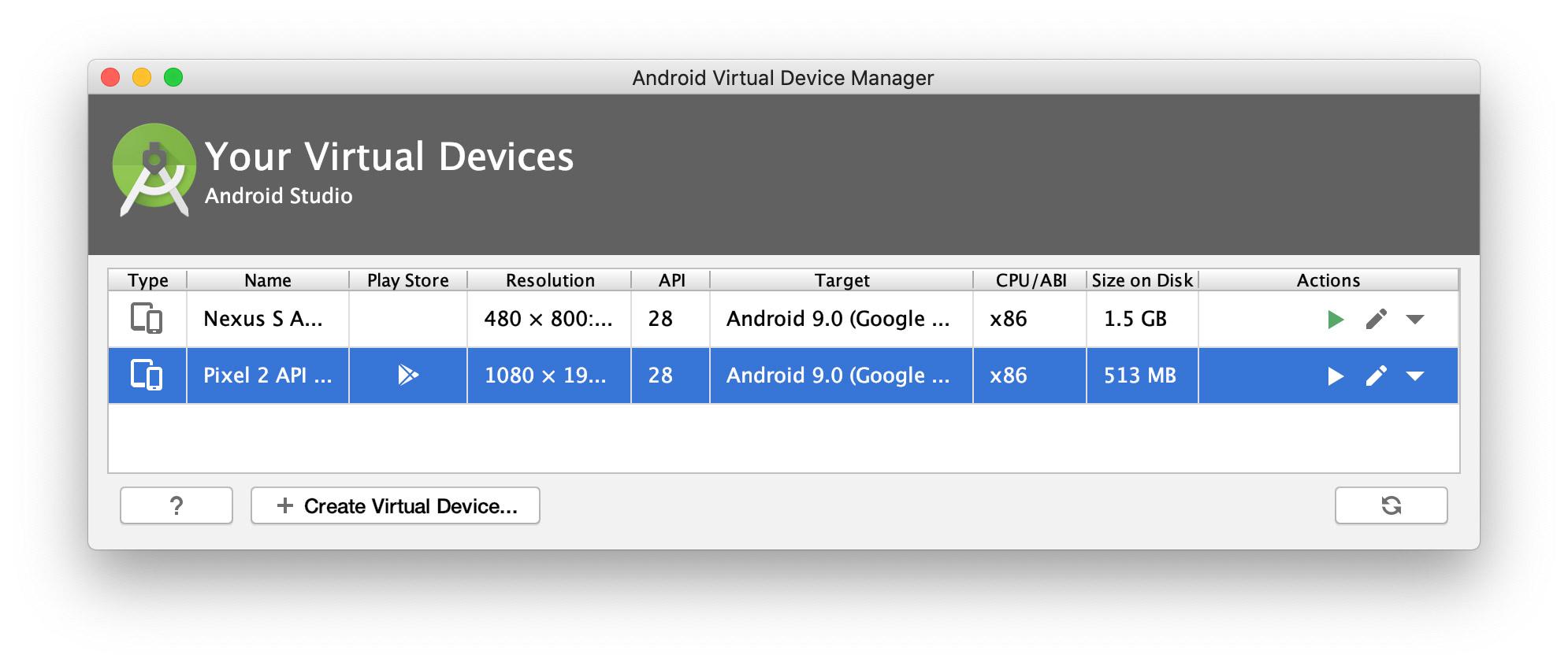 Android Studio 中已经安装的虚拟机