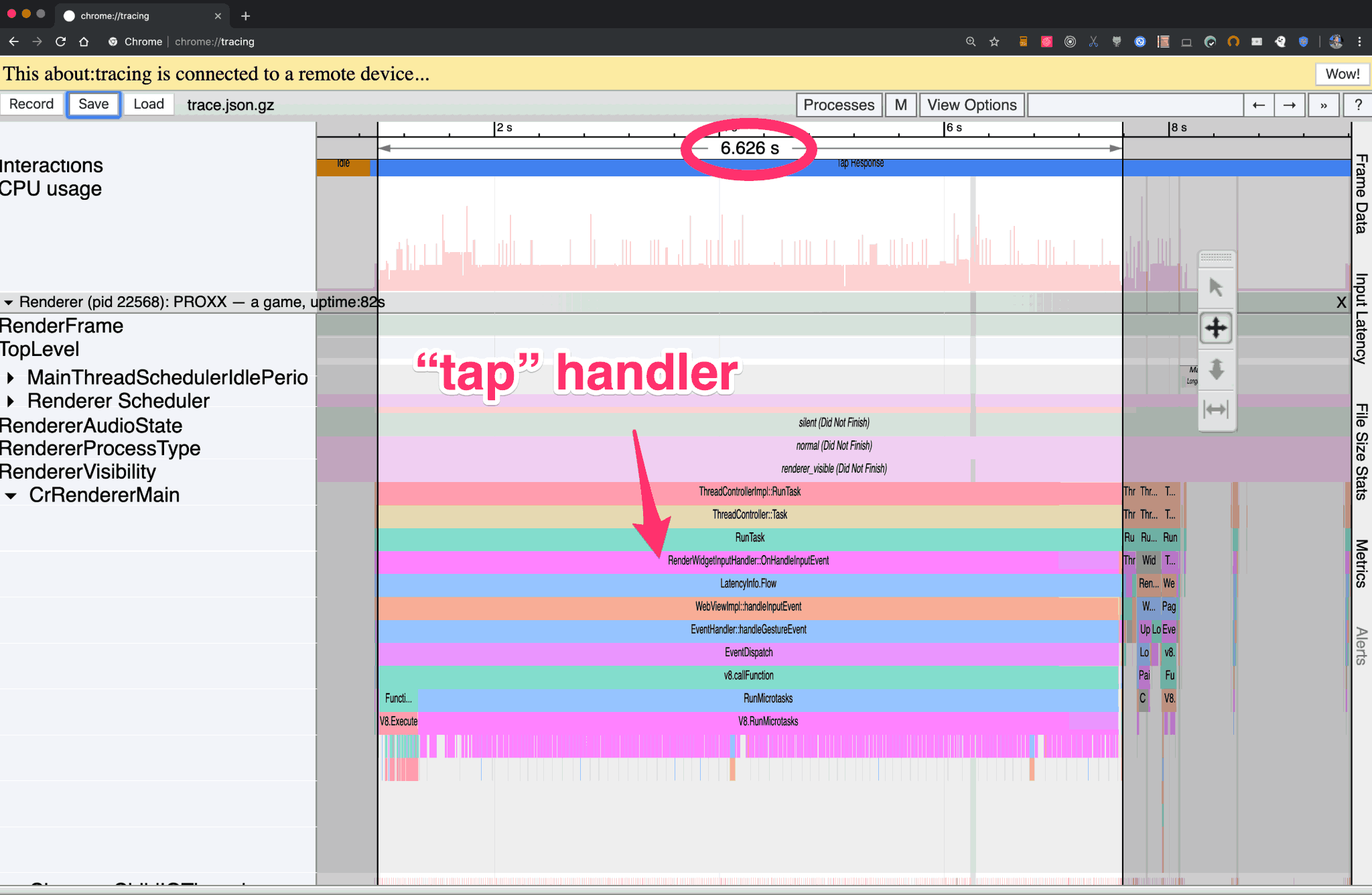 一个采用所有都运行在主线程的 PROXX 的运行跟踪