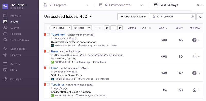 A screenshot of the Sentry crash reporting dashboard A screenshot of the Sentry crash reporting dashboard
