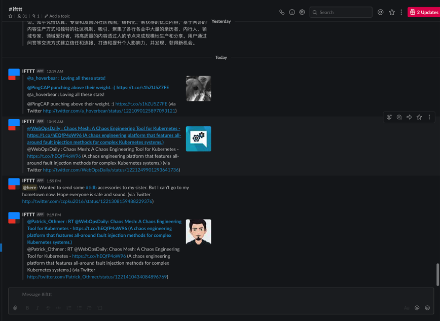 我们的 IFTTT 机器人在收集提及 TiDB、PingCAP 的推文