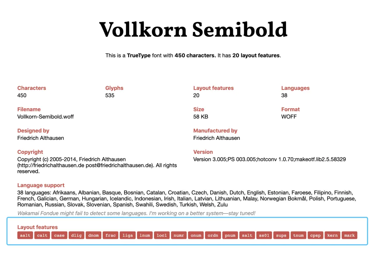 Vollkorn Semibold字体特性