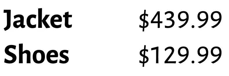 Alegreya Sans的表列线性数字，右侧的价格宽度不同，但是垂直对齐