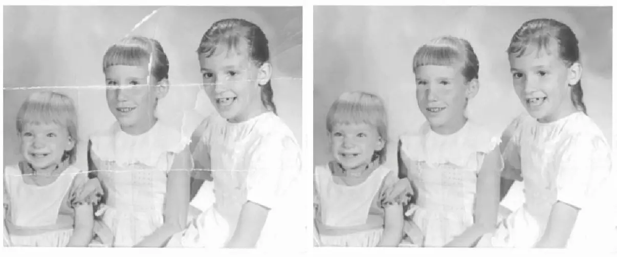 图像修复例子：修复一张老旧、损坏的照片。（图片来自 [Bertalmío et al., 2000.](https://conservancy.umn.edu/bitstream/handle/11299/3365/1/1655.pdf)）