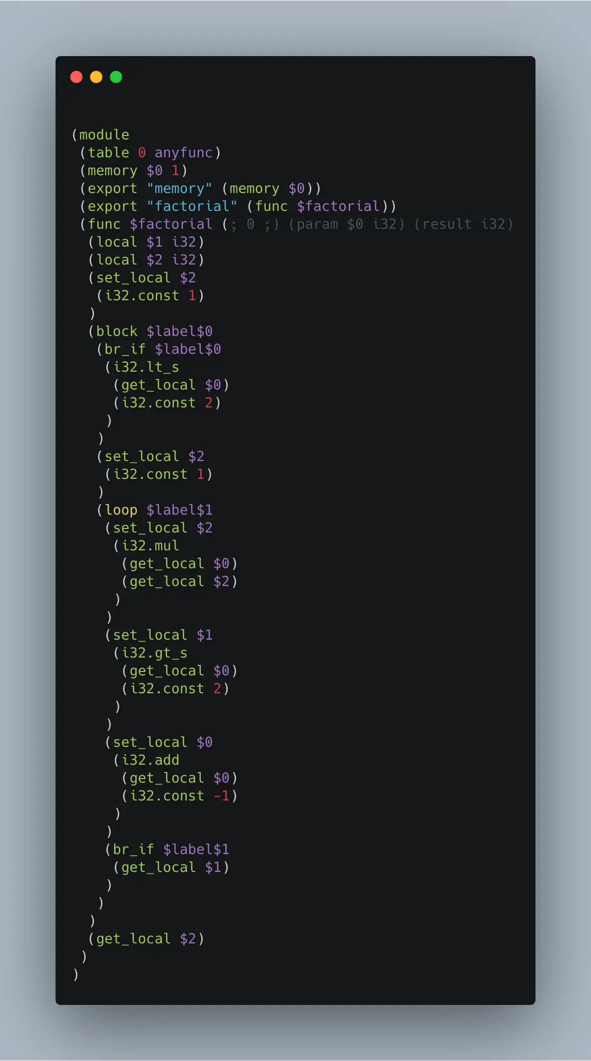 factorial.wasm 的等效文本格式： **factorial.wat**