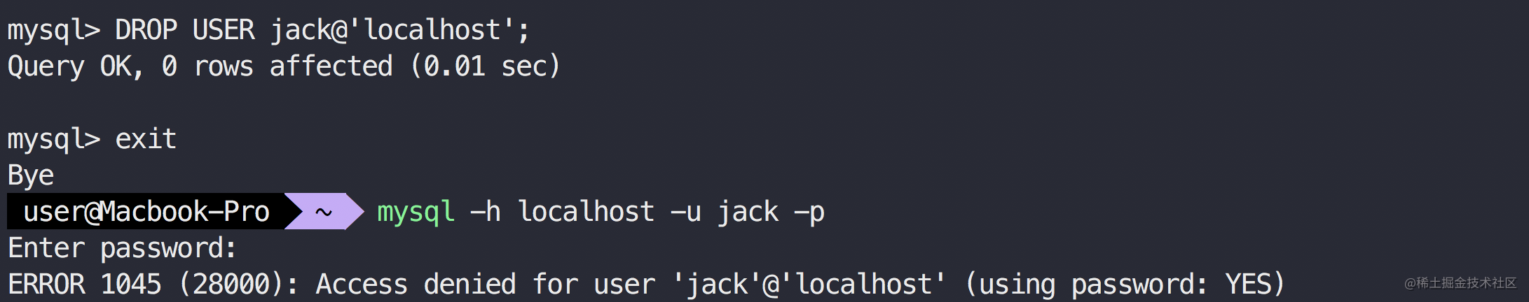 dropuserjack@localhost;复制代码删除用户setpasswordforjack@