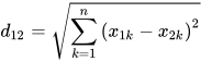 d_{12} =\sqrt{\sum_{k=1}^{n}{\left( x_{1k} -x_{2k} \right) ^{2} } } 