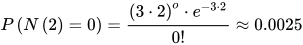 P\left( N\left(2 \right) =0 \right) =\frac{\left( 3\cdot 2 \right) ^{o} \cdot e^{-3\cdot 2} }{0!} \approx 0.0025
