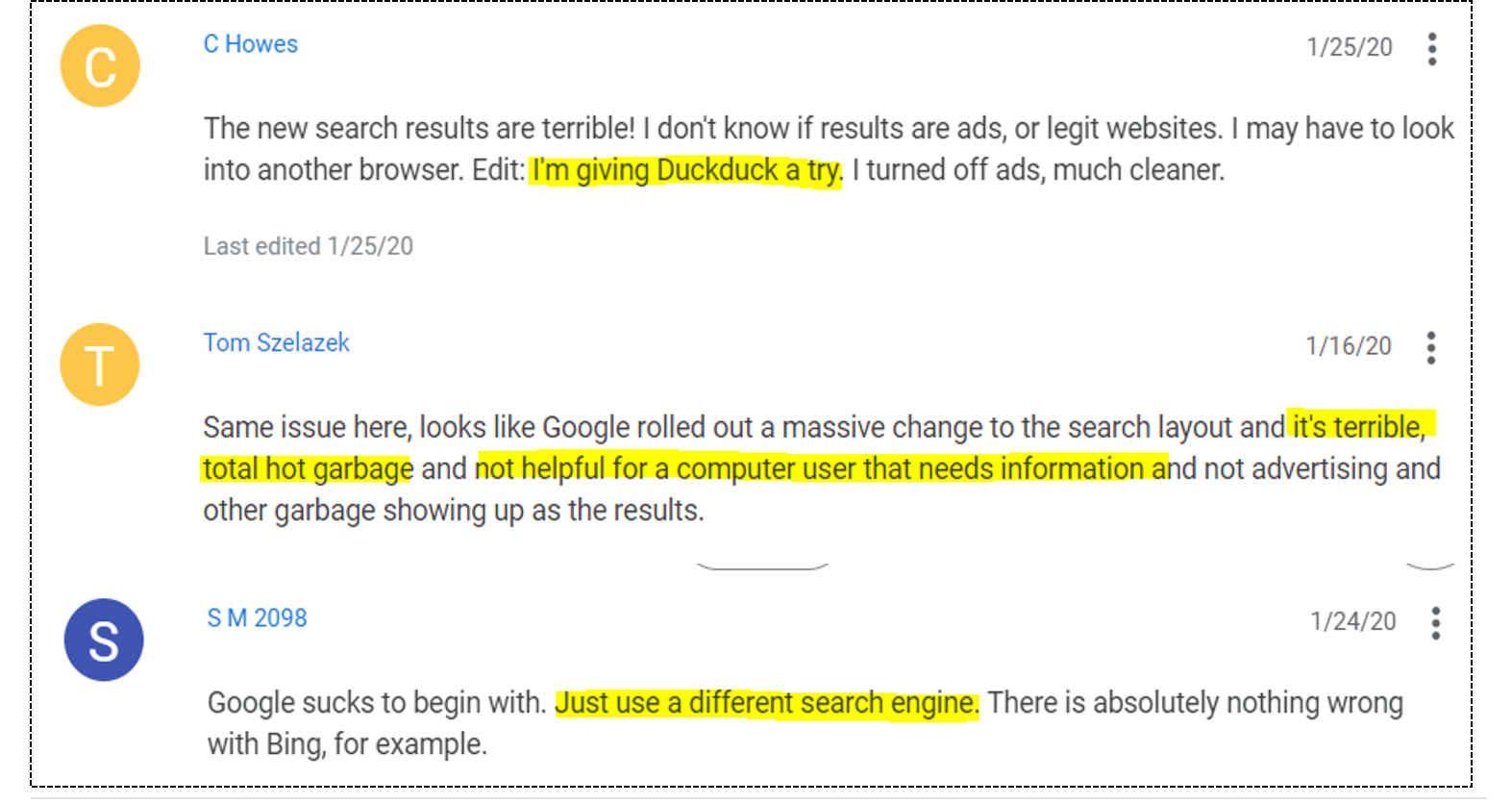 User complaints on Google’s support forum on the new search results page